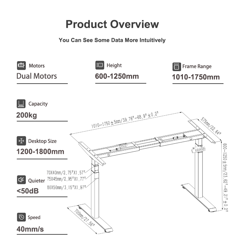 longer lifespan, superior stability, and perfect harmony between speed and reliability. It features dual brushless motors and an integrated hand controller system. √ This height-adjustable desk is crafted from high-strength, rigid materials and equipped with an advanced overload protection system. As one of the market's leading standing desks, it offers customizable dimensions and colors to seamlessly match your personal style, workspace, or commercial environment. √ Designed with ergonomics in mind, this standing desk employs premium gears and a dual-motor lifting system. It boasts an optimal height adjustment range from 600mm to 1250mm, catering to diverse users and scenarios. √ User safety is prioritized: the desk automatically stops and retracts when encountering resistance. Backed by a 5-year warranty, it's ideal for home offices and professional use alike. Product Features Key Enhancements Brushless Upgrade: Faster, quieter, more efficient, and built to last. Heavy-Duty Construction: Industrial-grade durability for demanding environments. Safety First: Automatic obstacle detection and retraction system. Brushless Upgrade: Faster, quieter, more efficient, and built to last. Experience the future of ergonomic workspaces with the 2AF3—where precision engineering meets personalized comfort. Equipped with overload protection and a 440 -pound load capacity—safe, versatile, and user-friendly. Details make quality Effortless Assembly: This desk is designed for easy setup, coming with clear instructions, all necessary tools, and components to ensure a hassle-free installation process. Exceptional Adjustment Range: Adjustable from 600mm to 1250mm, featuring a dual-beam (double crossbeam) structure for telescopic installation within 1010–1750 mm. Equipped with overload protection and a 440 -pound load capacity—safe, versatile, and user-friendly. Smart Life Intelligent Anti-Pinch Function: Automatically rebounds when encountering obstacles to ensure safety. Multi-Gear Memory: Can store 4 groups of frequently used heights for one-touch switching. Quiet Operation: Advanced gear and dual-motor system with high-precision brushless motor technology ensures efficient, smooth, and nearly noiseless height adjustment, with noise below 50dB for undisturbed office work. Intelligent Anti-Pinch Function: Automatically rebounds when encountering obstacles to ensure safety. NATE is a professional OEM/ODM supplier Infinite Customization As a professional OEM/ODM supplier, we offer: 200kg Weight Capacity: Ideal for laboratories or workspaces with heavy equipment. Extensive Combinations: Tailored solutions for any space requirement. Customize to Your Specifications Personalize dimensions, colors, and layouts for a truly bespoke workspace. 5-Year Warranty Covers the entire frame, desktop, electronics, and accessories for long-term peace of mind. upgraded structure on our sit to stand desk Line Drawing & Simple Specifications