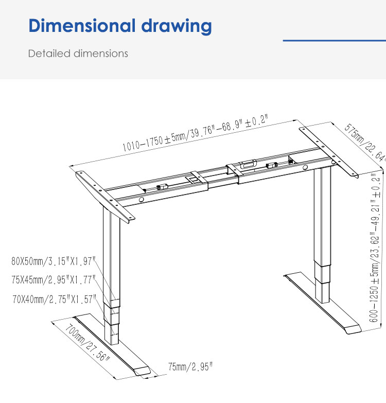 A detailed dimensional drawing of the 2JRF3 D3 standing desk frame with all measurements in millimeters and inches.