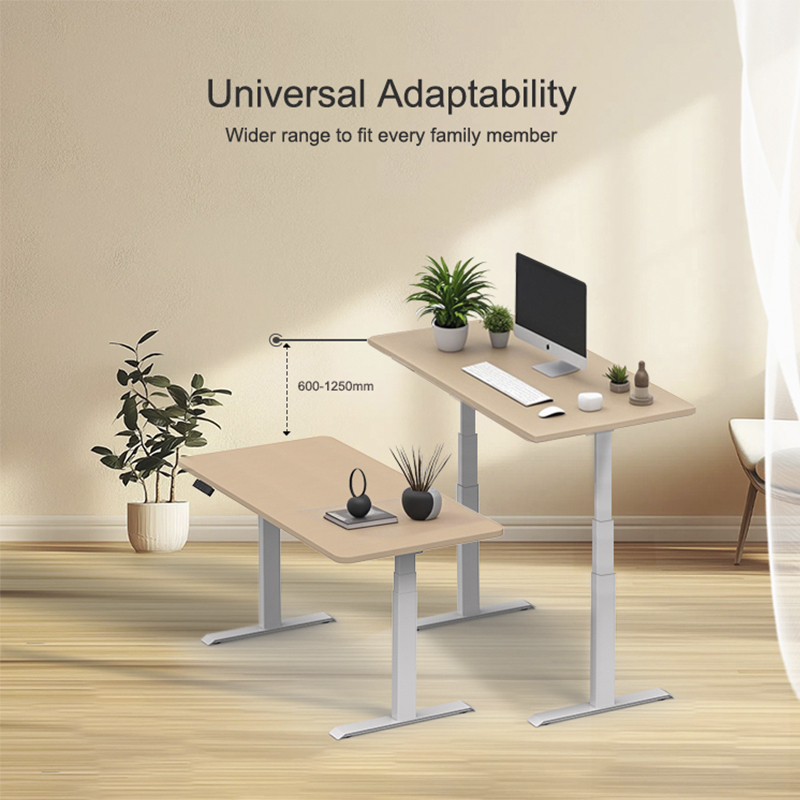 A detailed close-up shot of the white 2AF3 standing desk's T-shaped leg and foot, highlighting its sturdy steel construction and clean finish.