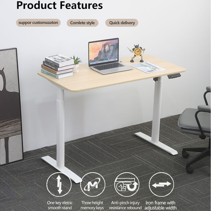 An overview of the 2SCAF2 electric standing desk's key product features, including one-key smooth adjustment, three height memory keys, anti-pinch safety rebound, and adjustable width.