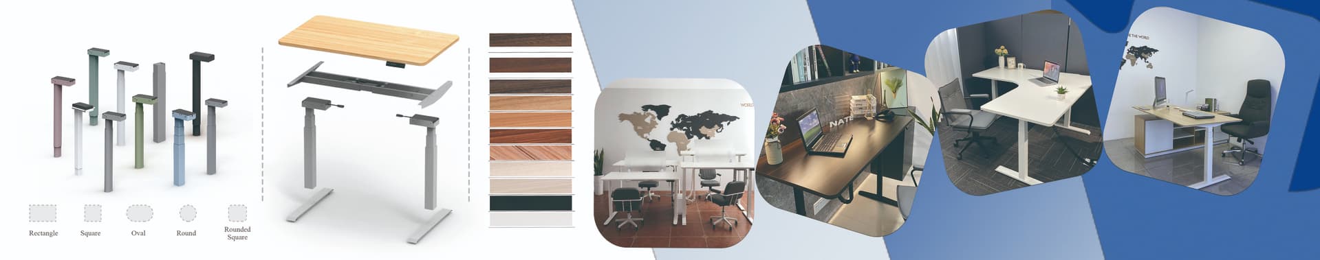 Banner image for a new product, featuring a modern adjustable desk with shape options (rectangle, square, oval, round, rounded square) and wood tone colors, shown in various office settings.