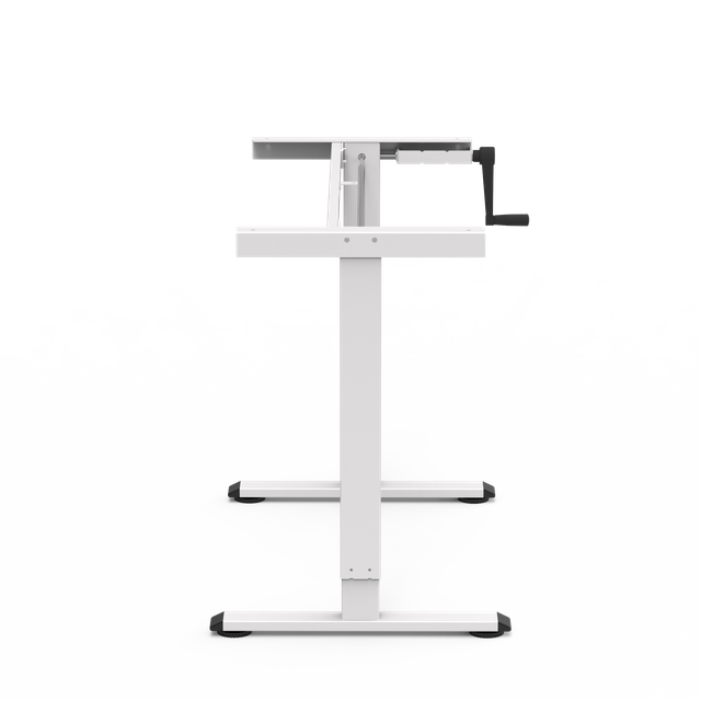2MABR2 manual height-adjustable desk, white frame side view, classic hand-crank lift, ideal for home office or study