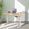 Electric height adjustable standing desk with bamboo desktop and white dual motor frame, ideal for home office or ergonomic workstation setup