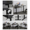 A gallery of the SACR2 electric desk's thoughtful features, highlighting its durable T-leg construction, convenient headphone hook, and integrated smart controller.