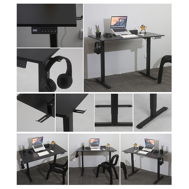 A gallery of the SACR2 electric desk's thoughtful features, highlighting its durable T-leg construction, convenient headphone hook, and integrated smart controller.