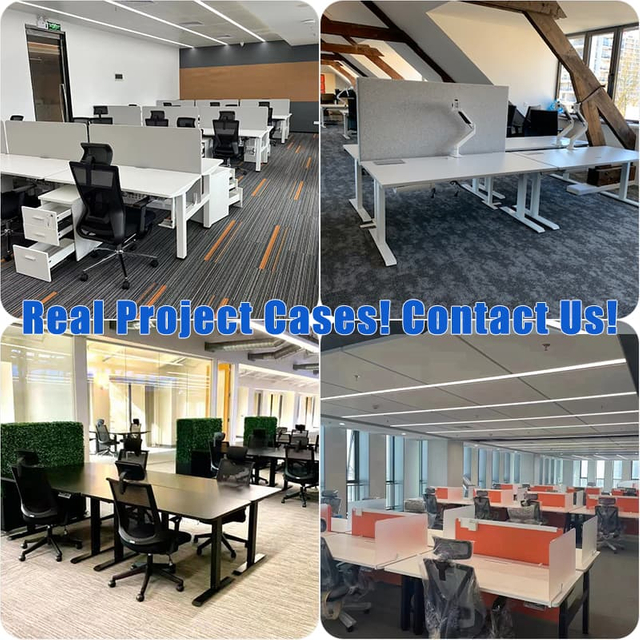 Collage of diverse office environments featuring our height-adjustable desks in real-world corporate project installations
