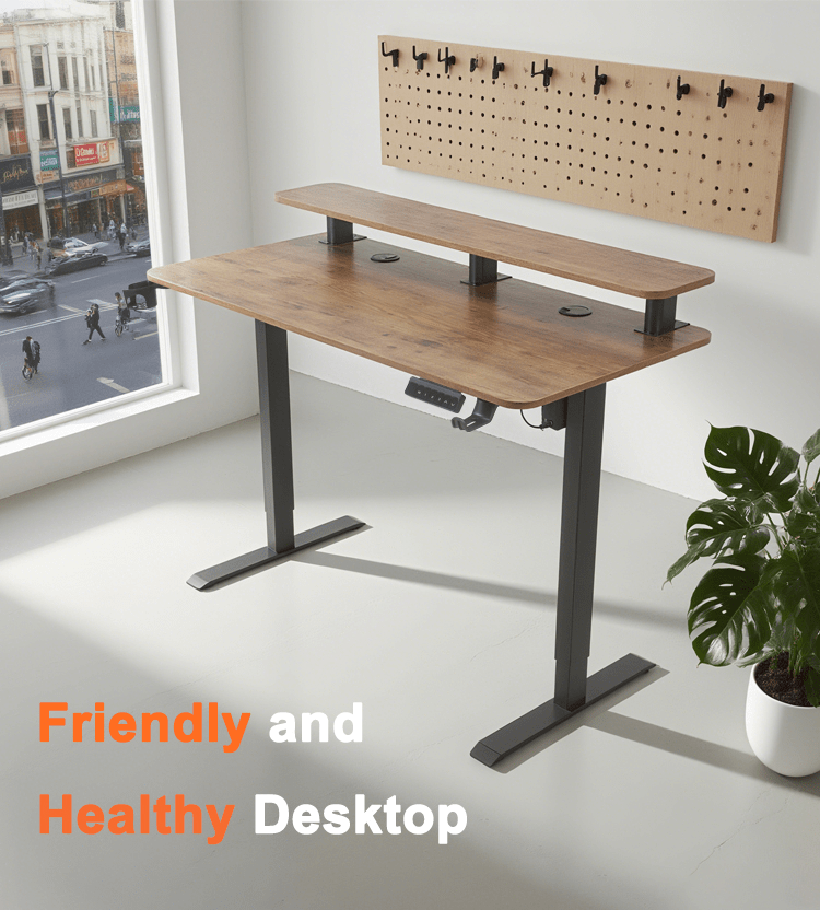 A wide shot of the two-tier electric standing desk in an empty, bright room, emphasizing its clean design and premium finish.