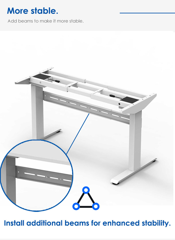 2NF2 Standing Desk with additional beams for enhanced stability, close-up view showing cross beam structure and installation.