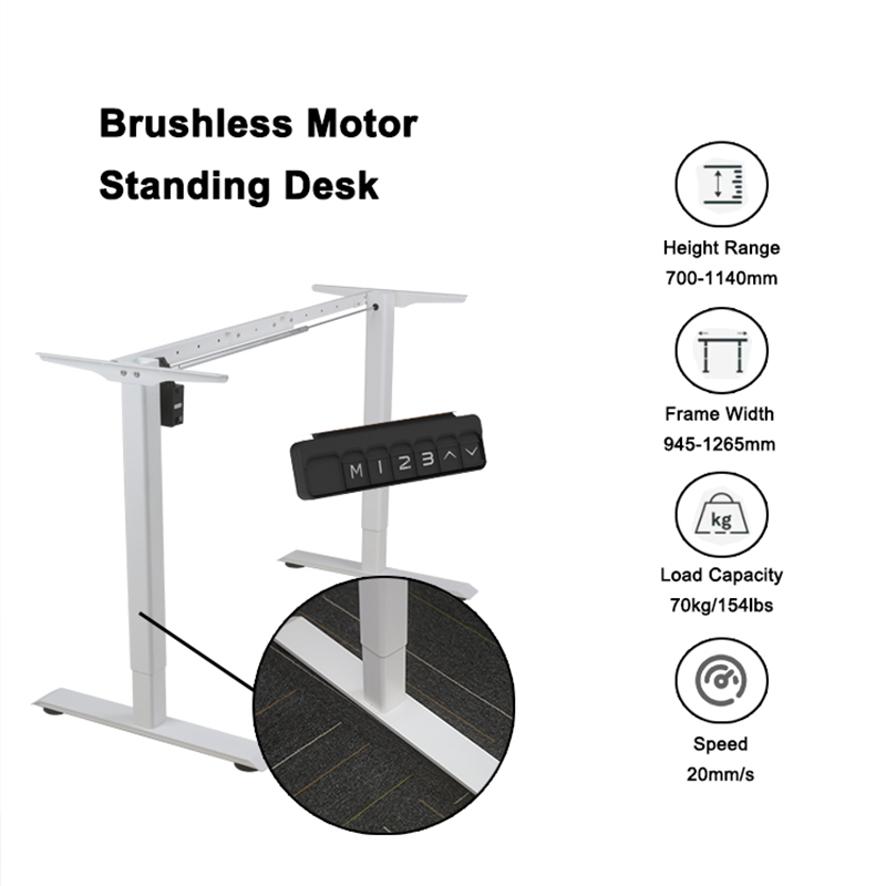 Adjustable height white desk frame and core technical specifications.