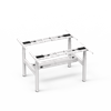 A 3/4 perspective view of the 4CF3A 4-leg back-to-back adjustable desk frame in white, revealing its robust construction and lifting mechanisms.