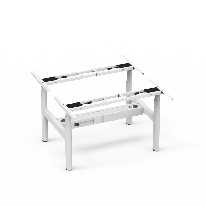A 3/4 perspective view of the 4CF3A 4-leg back-to-back adjustable desk frame in white, revealing its robust construction and lifting mechanisms.