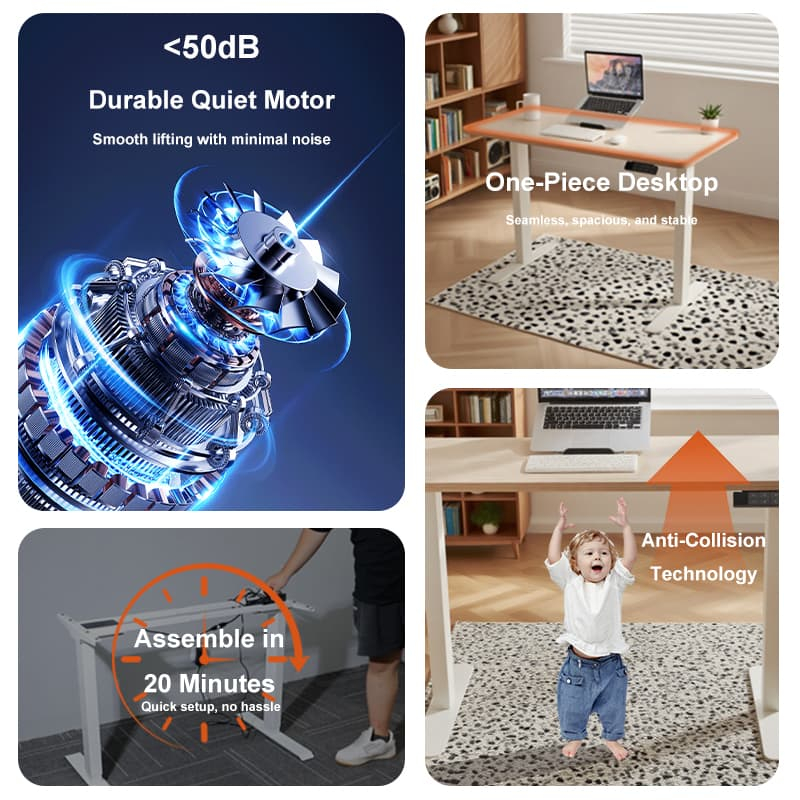 An overview of the standing desk's key benefits, highlighting the under-50dB quiet motor, quick 20-minute assembly, one-piece desktop, and child-safe anti-collision technology.