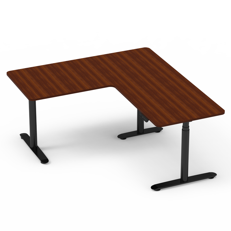 L-shaped electric standing desk with a walnut desktop and black frame.