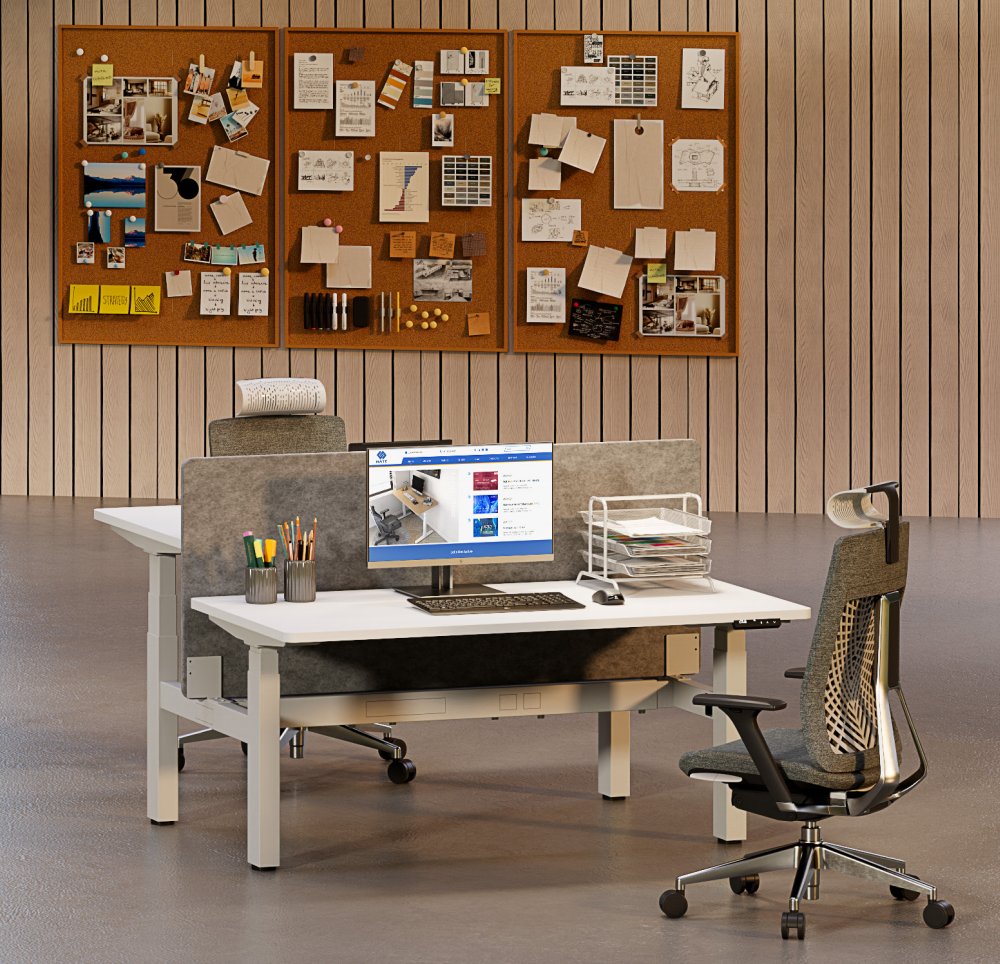 NATE DRIVE NT33-4HF3A Convertible Standing Desk with folders, PC, and ergonomic chair, showcasing smart cable management and dual-motor adjustability.