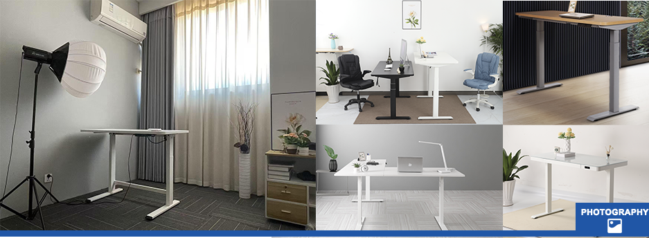 Photographer capturing a NATEDRIVE electric standing desk in an office setup