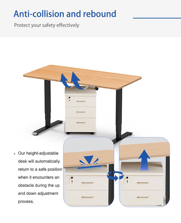 Illustration of the anti-collision and rebound feature, showing the desk reversing direction after sensing an obstacle.