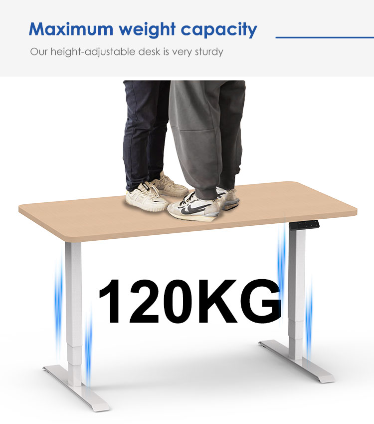 Two people standing on the desk to demonstrate its maximum weight capacity of 120kg.