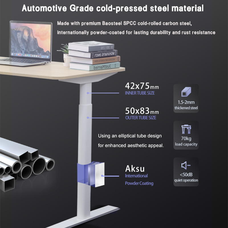 A close-up infographic of the 2SCAF2 desk's elliptical leg, detailing the automotive-grade SPCC steel construction, 70kg load capacity, and quiet under-50dB operation.