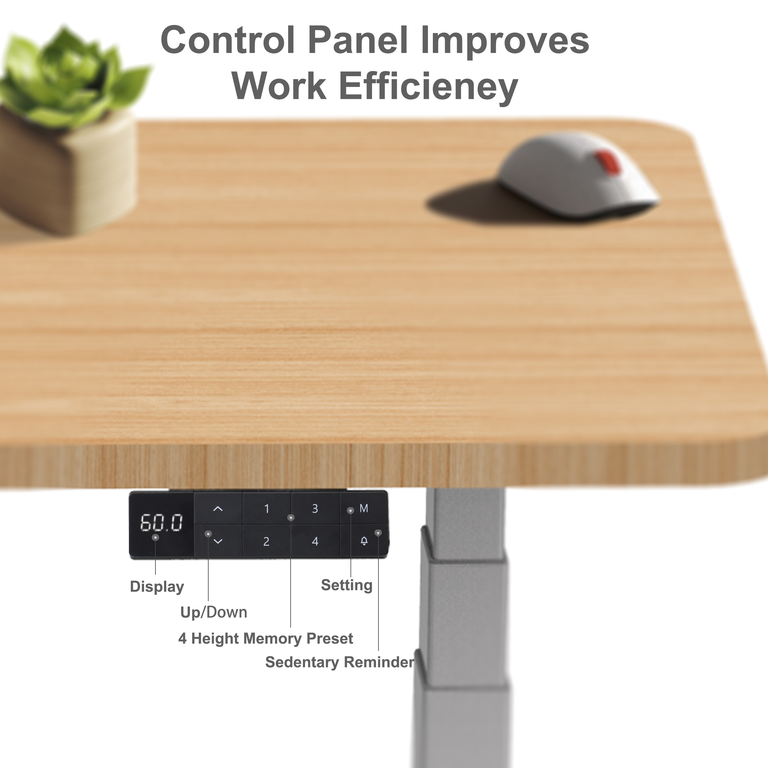 Close-up of the 2AF3 desk's intuitive control panel, featuring a digital height display, up/down buttons, 4 height memory presets, and a sedentary reminder.