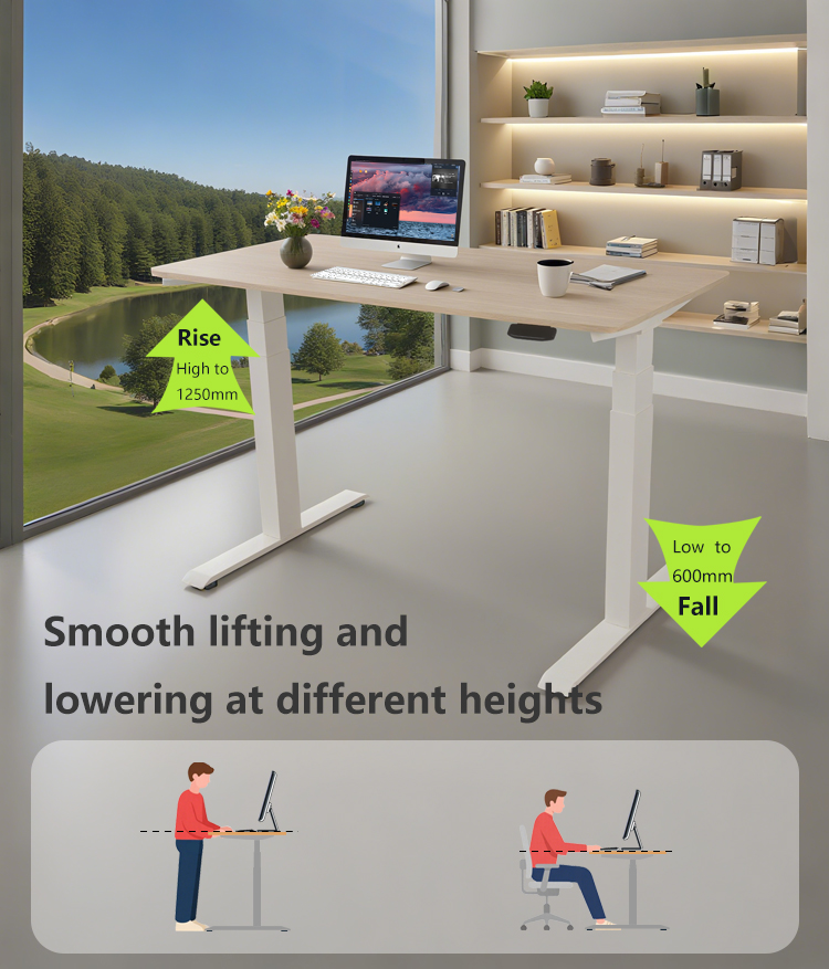 Smooth height adjustment from 600mm to 1250mm, quiet electric standing desk lift
