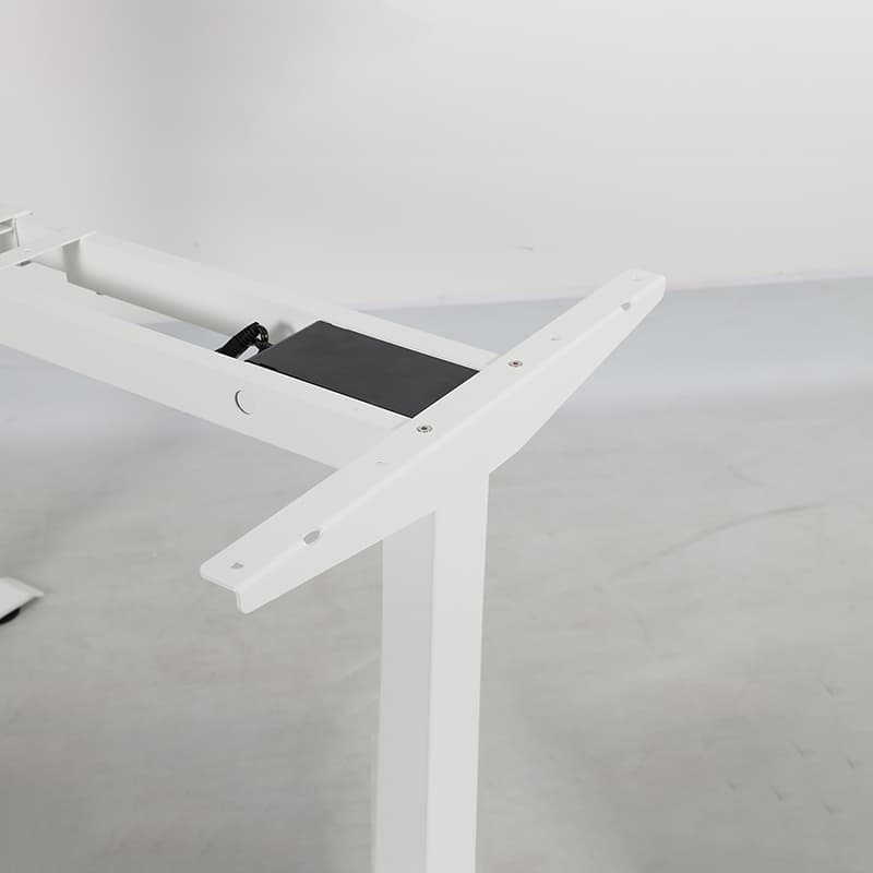A close-up of the white 2AR2 adjustable standing desk frame, showing the top bracket where a desktop would be mounted and the connection to the vertical leg.