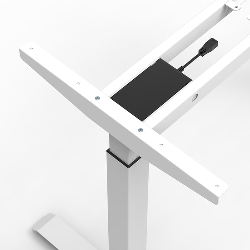 A close-up view of the white 2B2 adjustable standing desk leg, showing the two-stage telescoping design with a black gasket between the segments, and a light blue background.