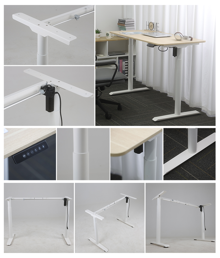 A collage showcasing multiple angles and close-up details of the standing desk frame, including the underside, the motor, the T-shaped feet, and the control panel.