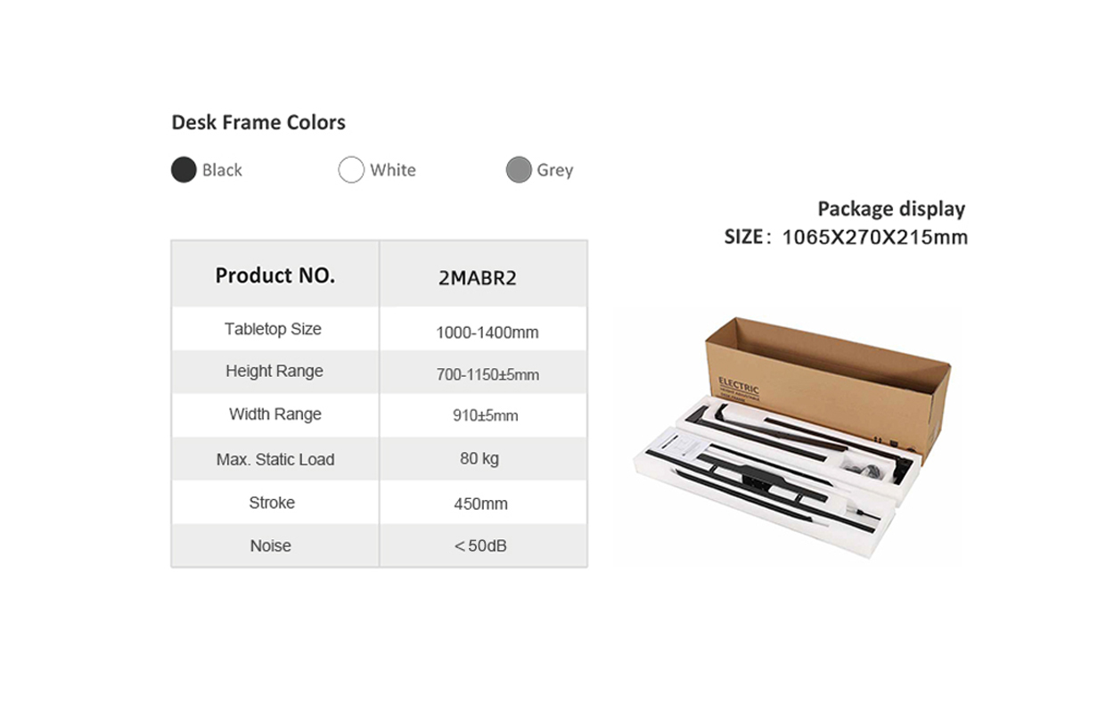 Technical line diagrams of 2MABR2 frame with dimensions (700–1150mm height range, 910mm fixed width), product specs including 80 kg max load, color options, and shipping package images.