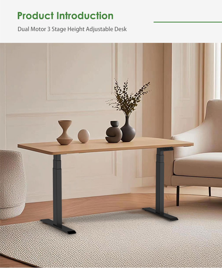 A modern electric height-adjustable desk with a light wood top and black frame, shown in a stylish living room setting.