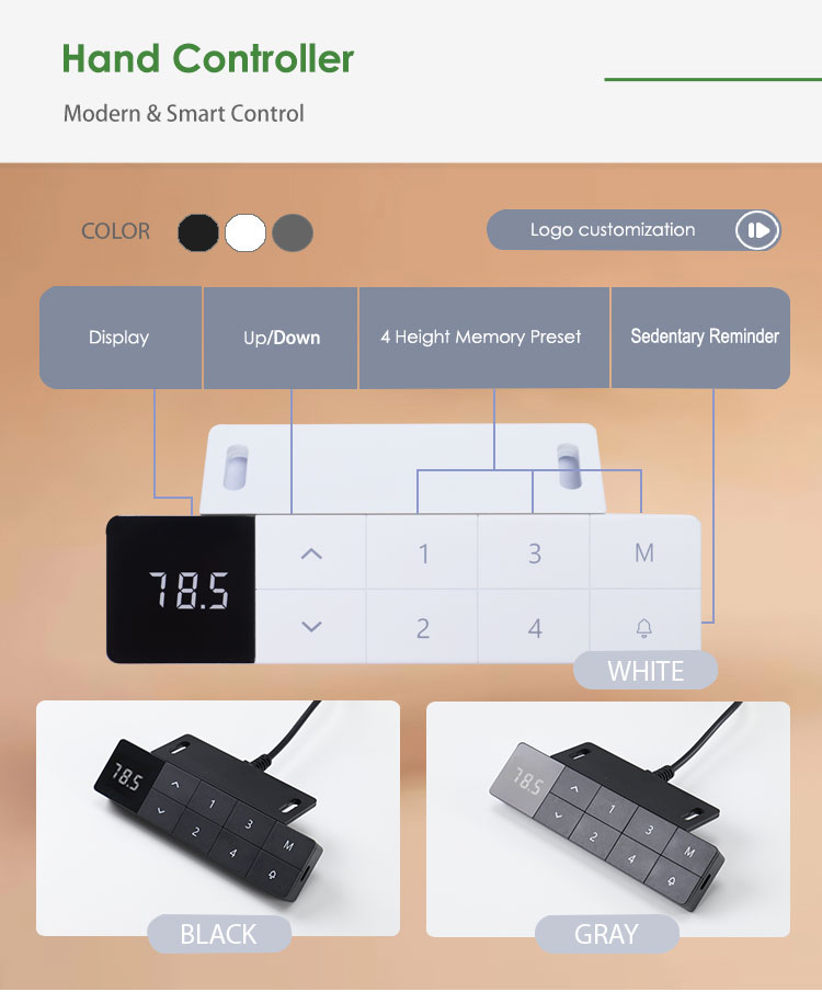 A close-up of the smart hand controller available in white, black, and gray, showing the LED display, up/down buttons, and 4 memory presets.
