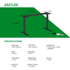 Dimensional drawing of the 2AF3-D5 electric standing desk, showing specifications such as height range, frame width, adjustable leg, speed, lifting range, load capacity, desktop length, number of motors, and warranty.