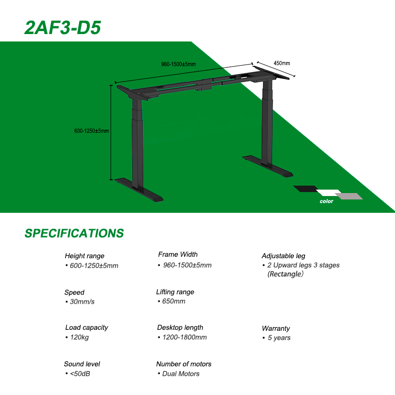 Dimensional drawing of the 2AF3-D5 electric standing desk, showing specifications such as height range, frame width, adjustable leg, speed, lifting range, load capacity, desktop length, number of motors, and warranty.