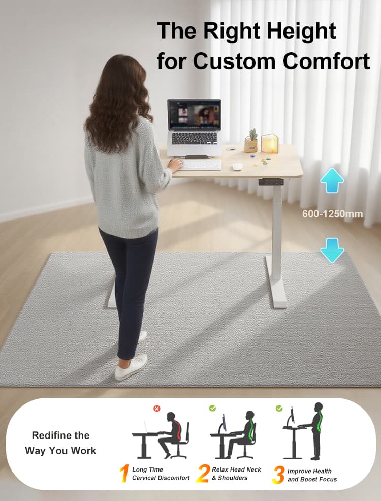 A woman using the NATE 2AF3 electric standing desk to work, demonstrating its ergonomic benefits for health and focus.