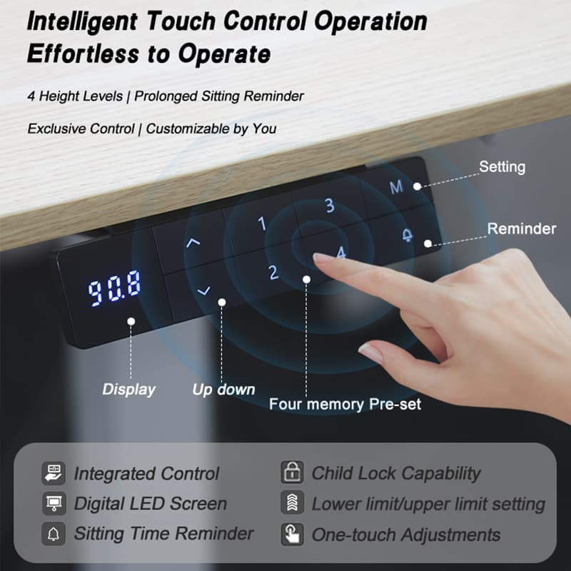 Close-up of the intelligent touch control panel for the NATE D5 standing desk, showing the digital display and 4 memory pre-set buttons.