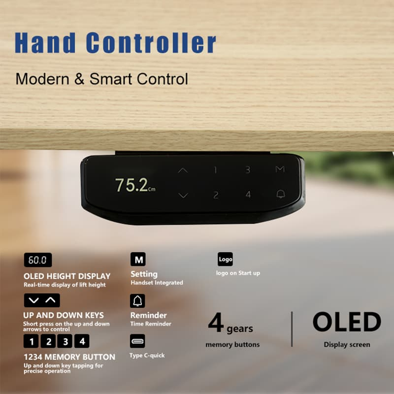 Smart OLED hand controller for height adjustable desk with memory buttons and reminder function