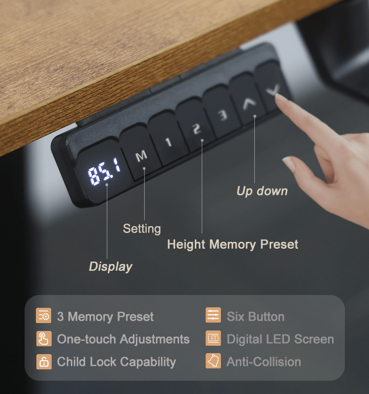 A close-up view of the electric desk's control panel, showing the digital height display, 'M' for setting, three memory preset buttons, and up/down arrows.