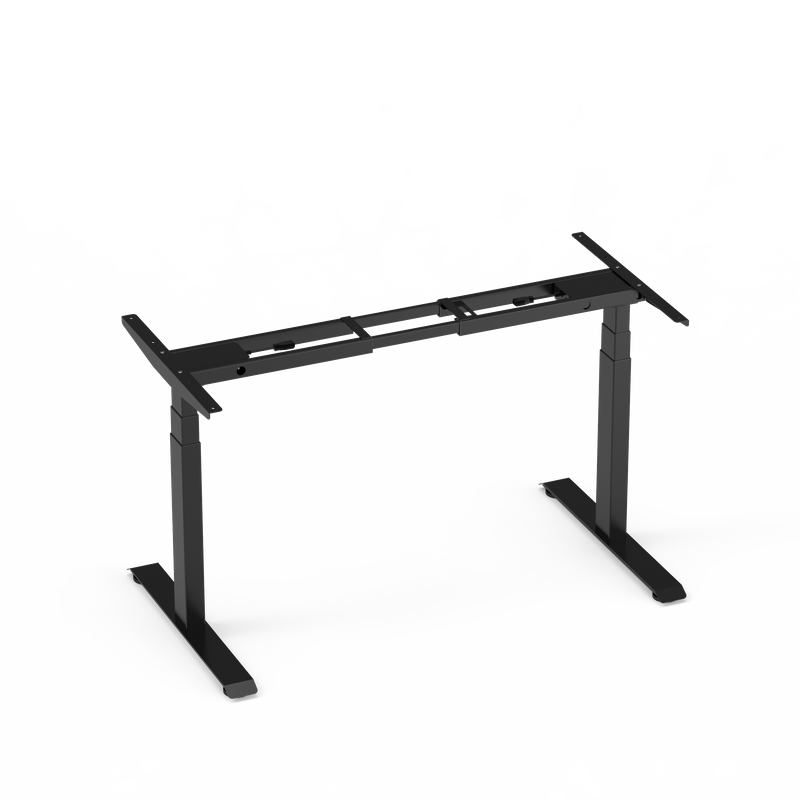 The 2AF3-D3-38 height-adjustable desk frame in a sleek black finish, shown without the desktop to highlight its dual-motor and expandable crossbeam construction.