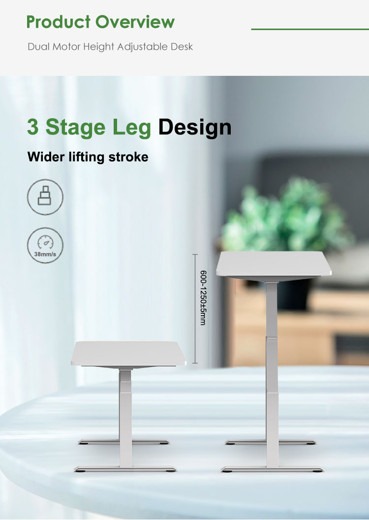 A diagram illustrating the wider lifting stroke of the 3-stage leg design, with a height range of 600-1250mm and a speed of 38mm/s.