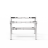 Front view of the white 4CF3A back-to-back sit-stand desk frame, showcasing its symmetrical 4-leg structure and central cable management channel.