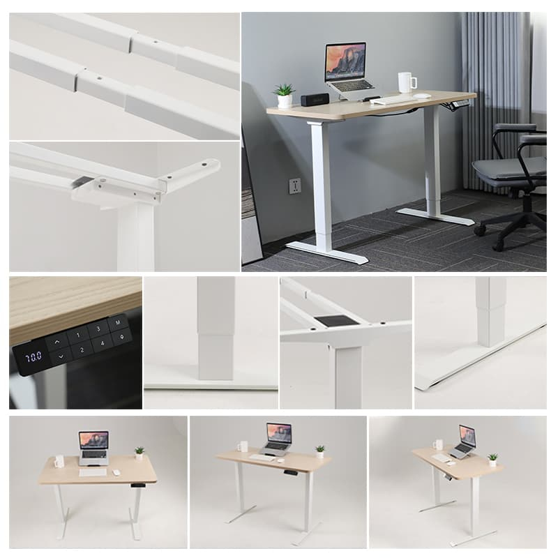 A collage showcasing the standing desk's quality details, including close-ups of the smooth leg joints, the sleek controller, and various angles of the complete desk setup.