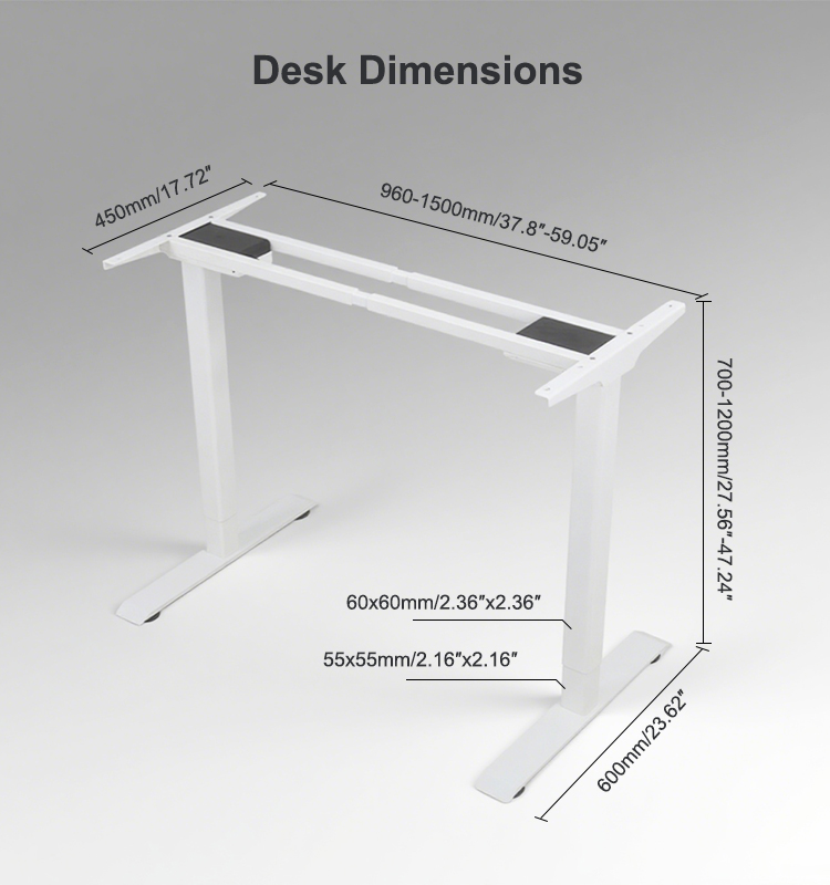 A technical drawing showing the precise dimensions of the adjustable desk frame, including height, width, and feet.