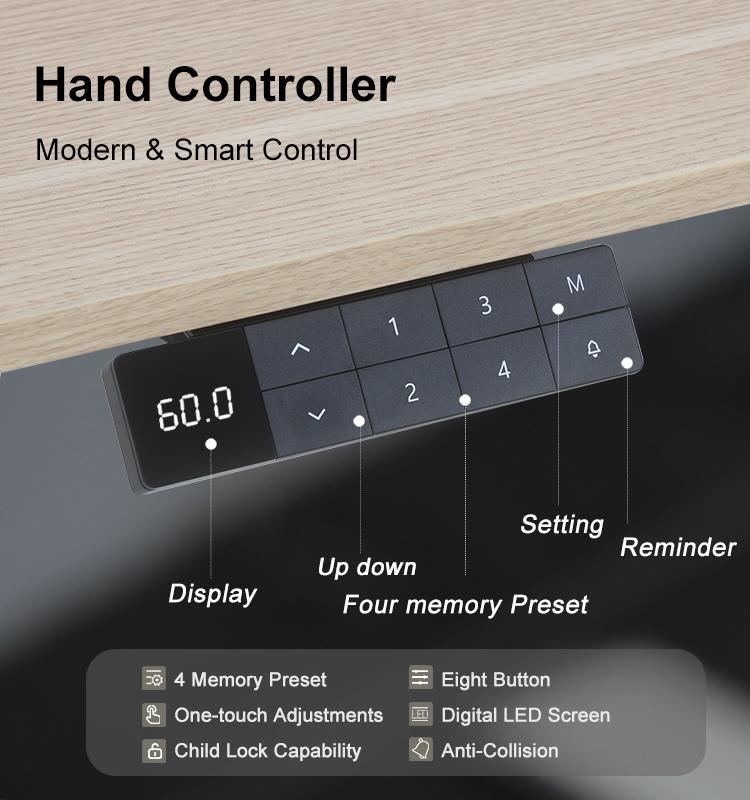 A close-up of the advanced hand controller showing the digital LED screen, up/down buttons, and four memory presets.