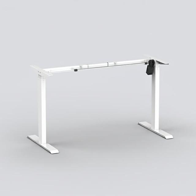  A front-facing studio shot of a white, single-motor, height-adjustable desk frame without a tabletop.