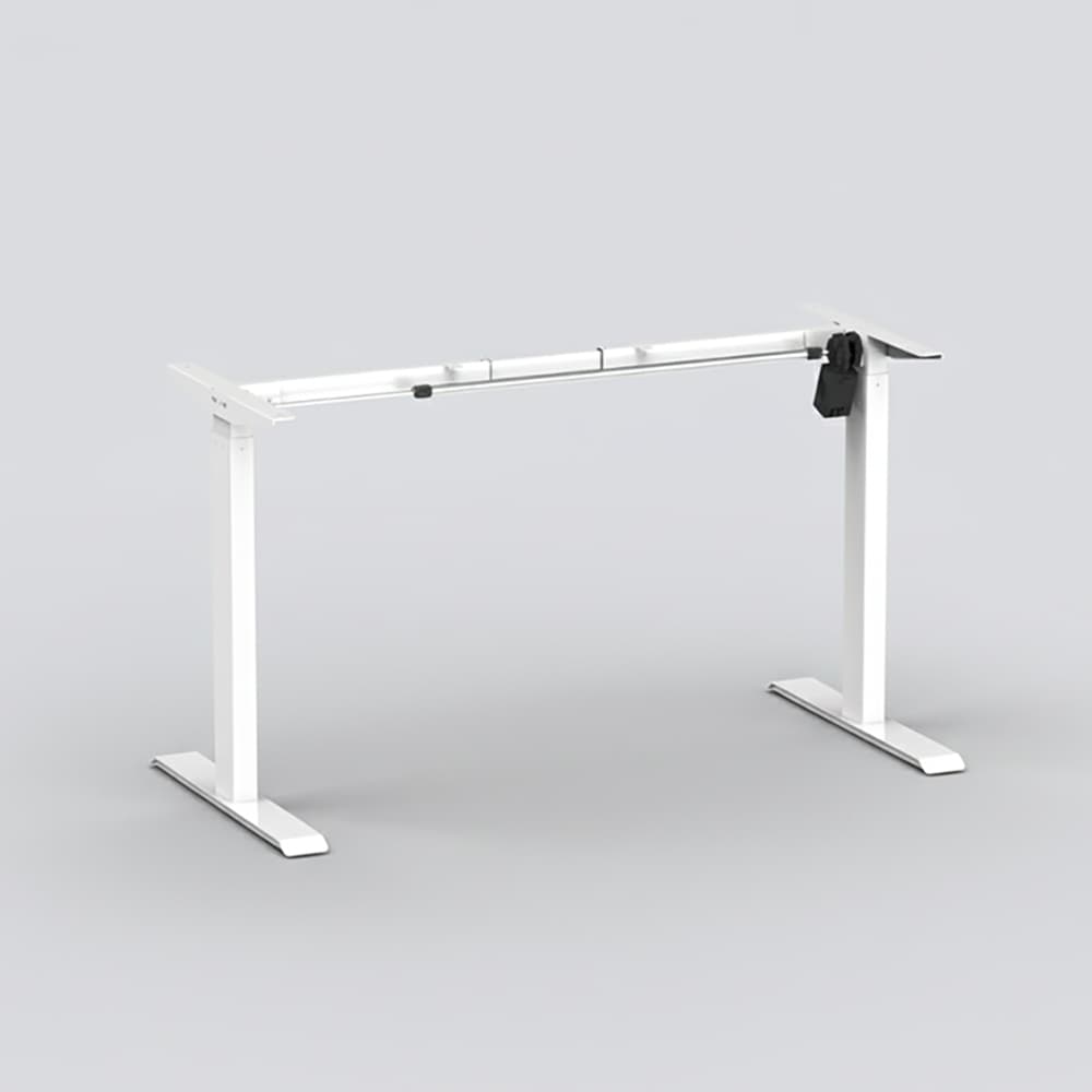  A front-facing studio shot of a white, single-motor, height-adjustable desk frame without a tabletop.