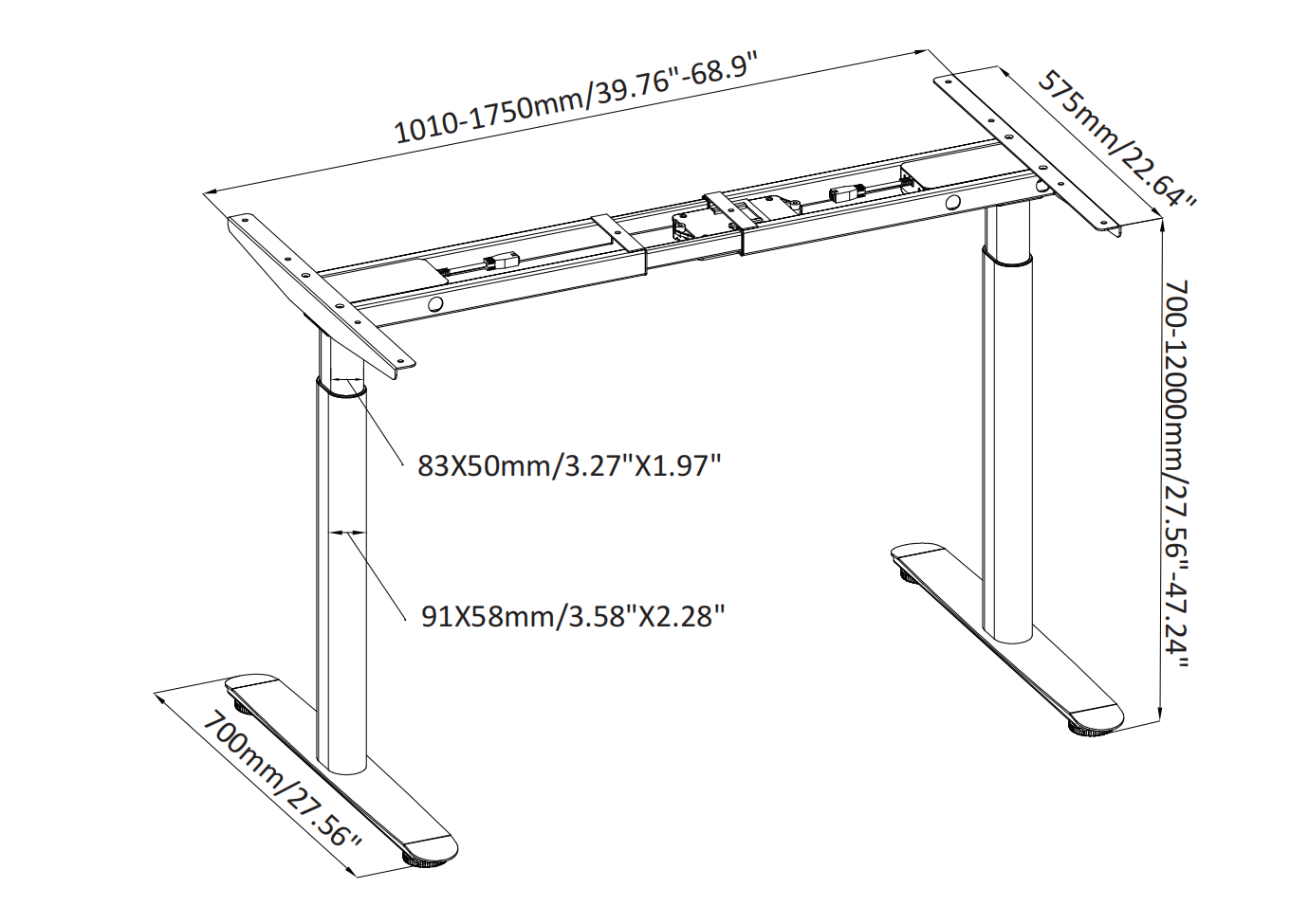 Line drawing of a round-leg height-adjustable desk - most stable standing desk