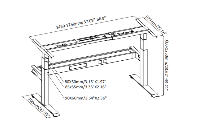 NT33-2HF3A-LJ64 NATEDESK electric standing desk frame line drawing showing structural design with large cable tray and key components