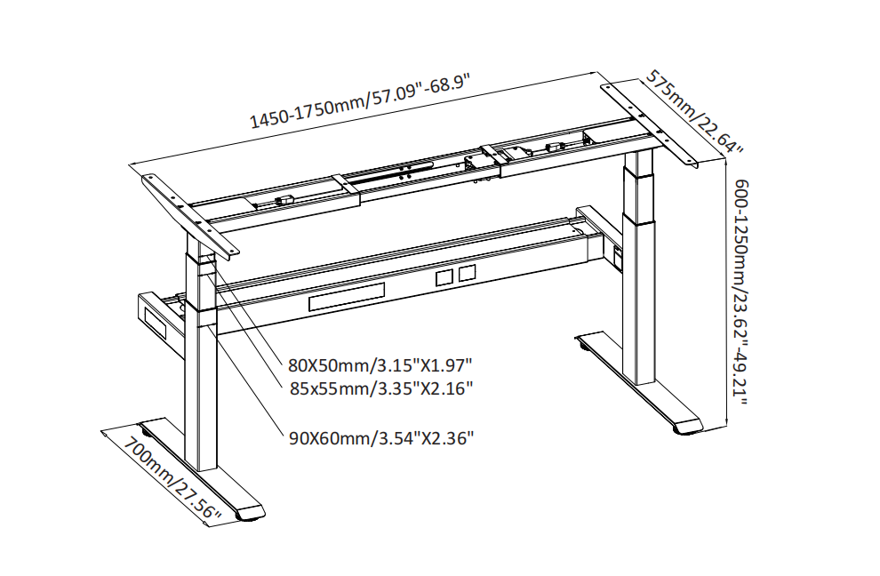 NT33-2HF3A-LJ64 NATEDESK Electric Standing Desk Frame - 1750x575mm Heavy-Duty Base, Large Cable Tray, 3 Memory Buttons, 120kg Capacity, 40mm/s Quiet Motion