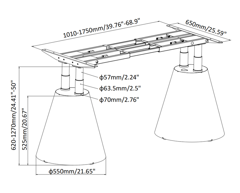 4DF3 short desk frame line drawing, detailing Four-leg assembly, reinforced base, and 200kg load-bearing structure.