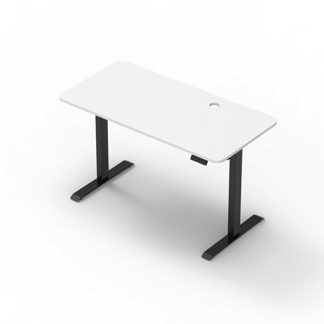 Overhead view of a high - quality white and black desktop gaming height - adjustable desk with a stable structure