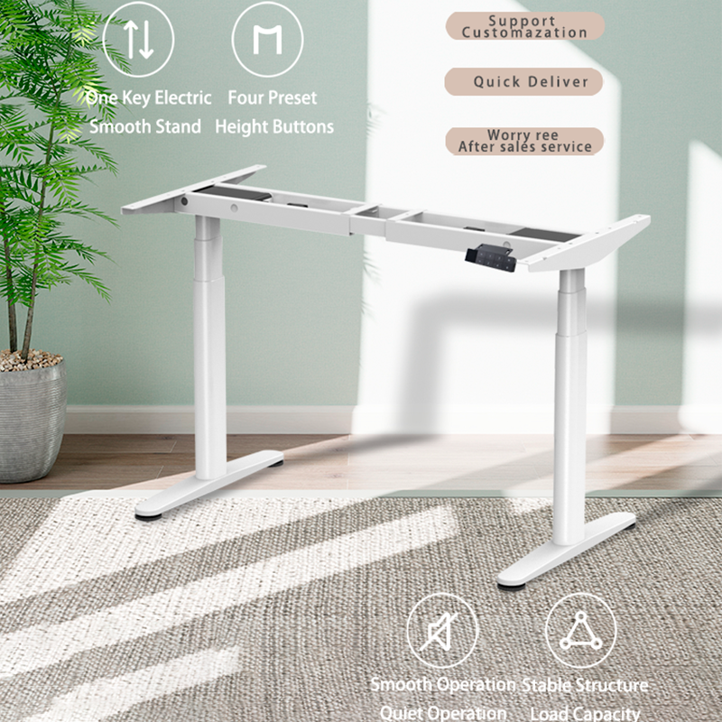 The 2CF2 electric standing desk frame in various office environments, demonstrating its adaptability with diverse desktop styles.